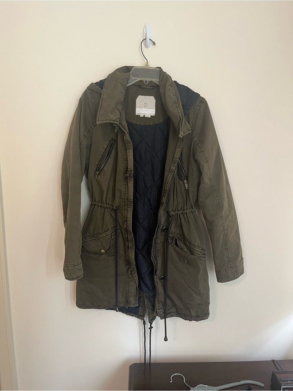 Olive Green Bomber Parka Jacket with Drawstring Waist